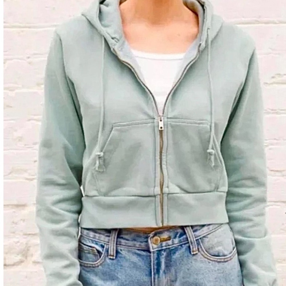 John Galt Brandy Melville Cropped Zip Up Hoodie Sage Green One Size‎